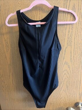 Shade & Shore Black Ribbed One-Piece Swimsuit